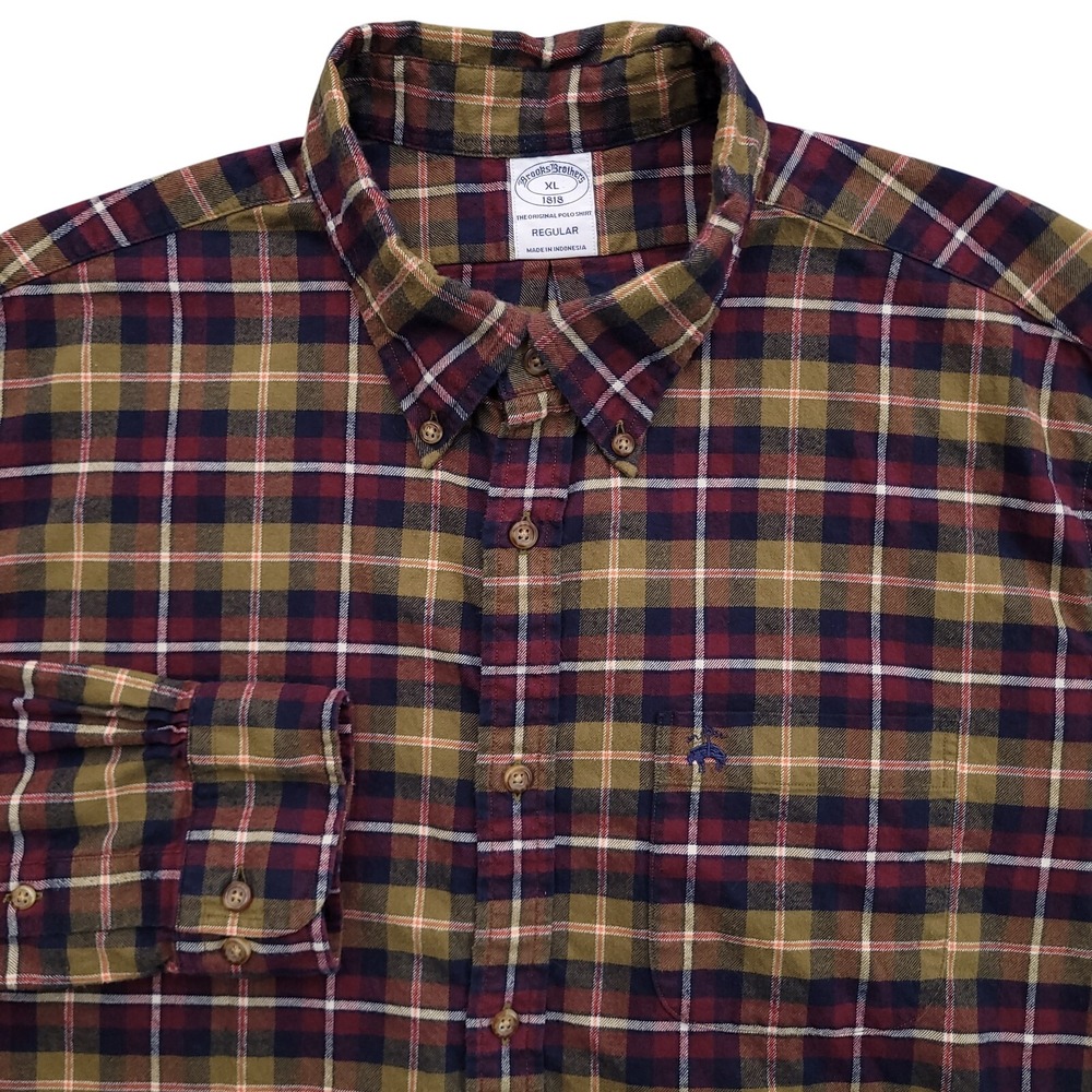 Brooks Brothers Shirt Men XL Regular Fit Flannel Red Yellow Plaid Button Up Logo